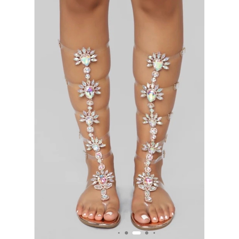 Fashion Nova Womens Size 11 Rose Gold Rhinestone Clear Gladiator Sandals Flat